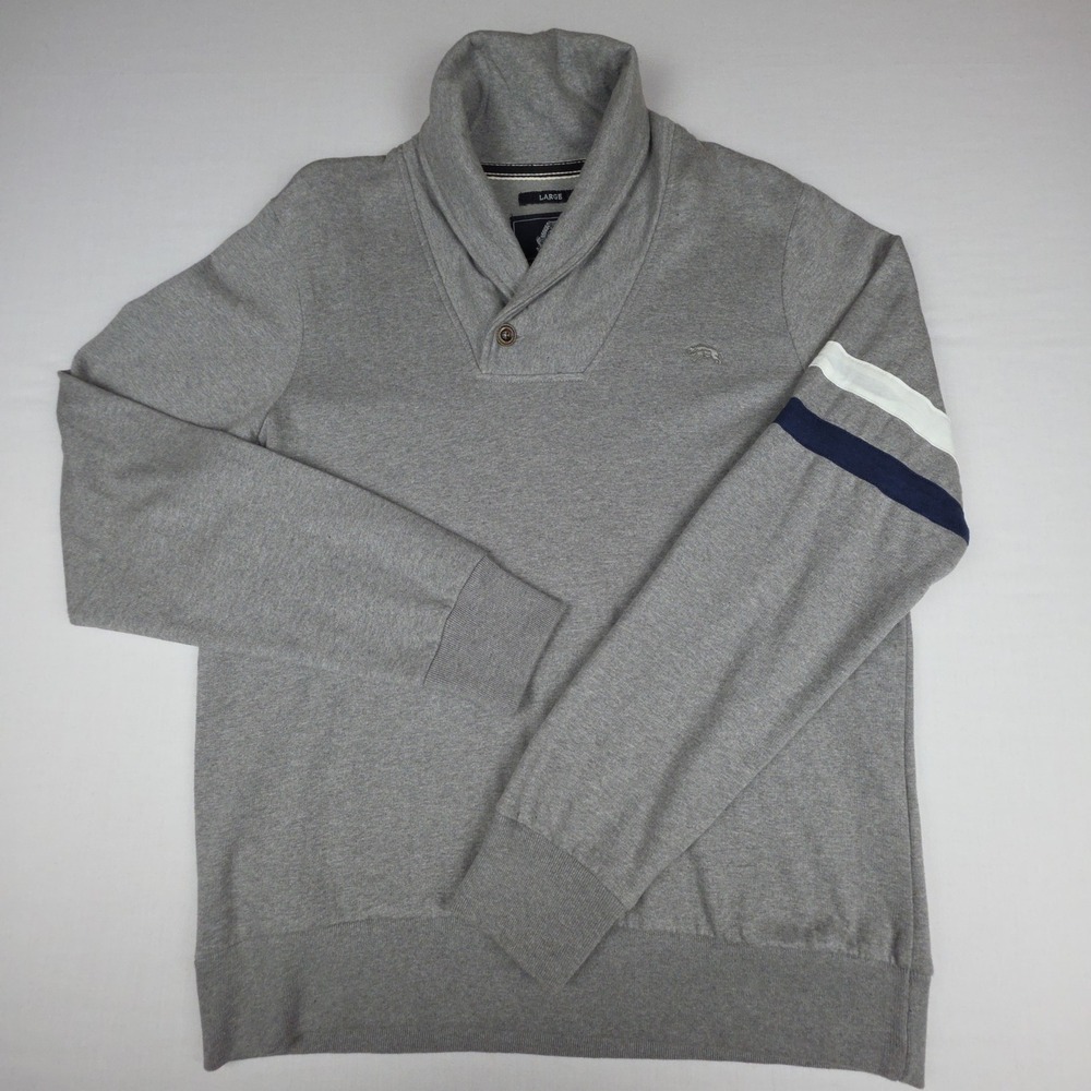 American Rag Shawl Neck Pullover Sweater Mens Large Gray Varsity Stripe Cotton